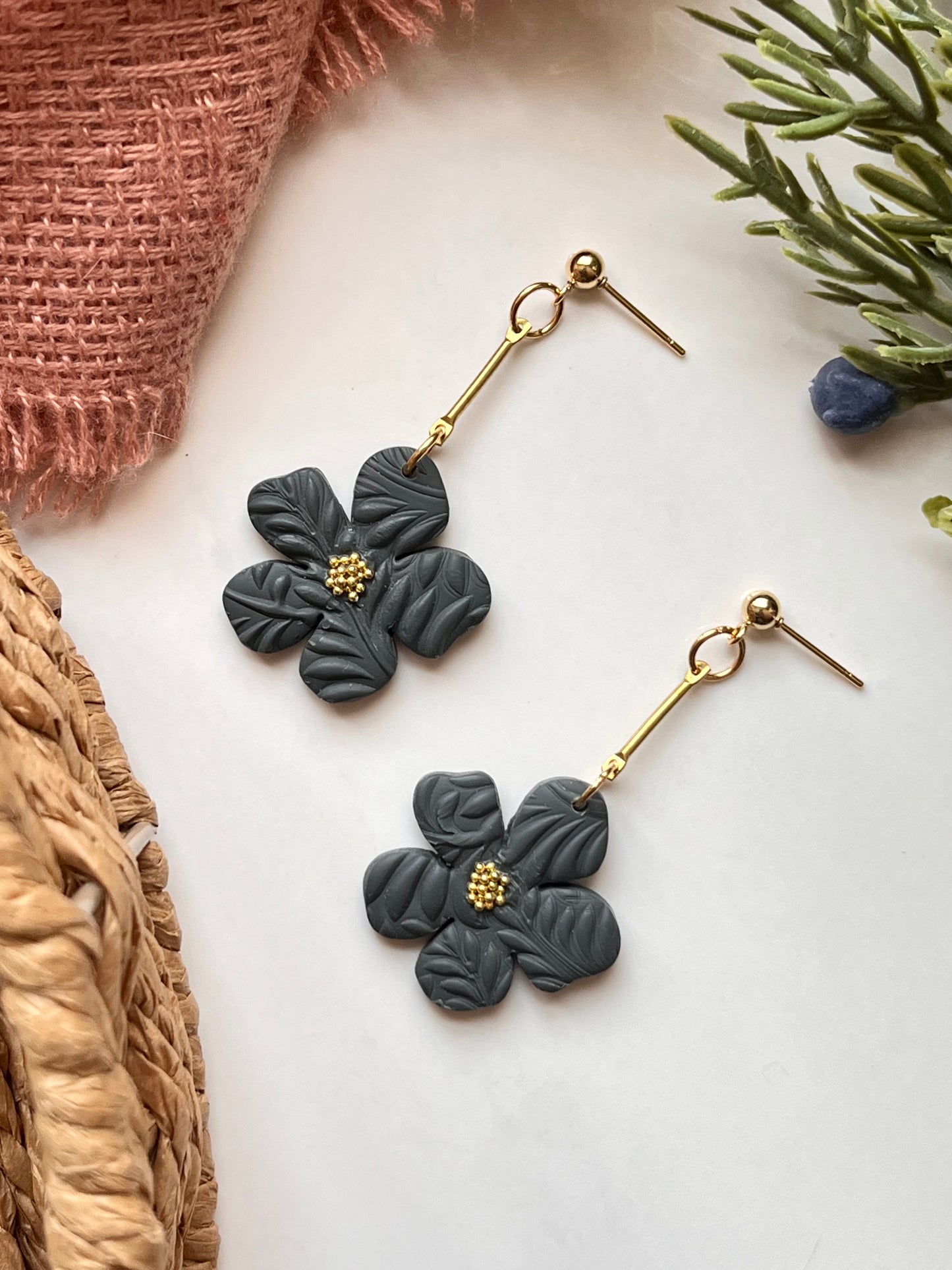 Organic Flower Drop Dangle w/ Gold Ball Stud (Deep Green)