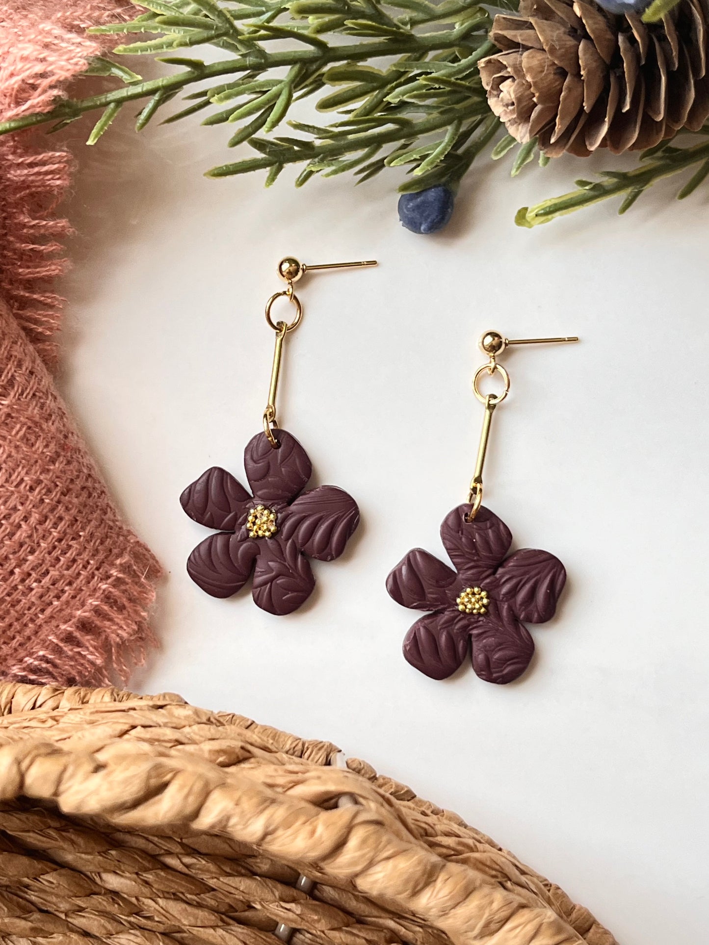 Organic Flower Drop Dangle w/ Gold Ball Stud (Burgundy)