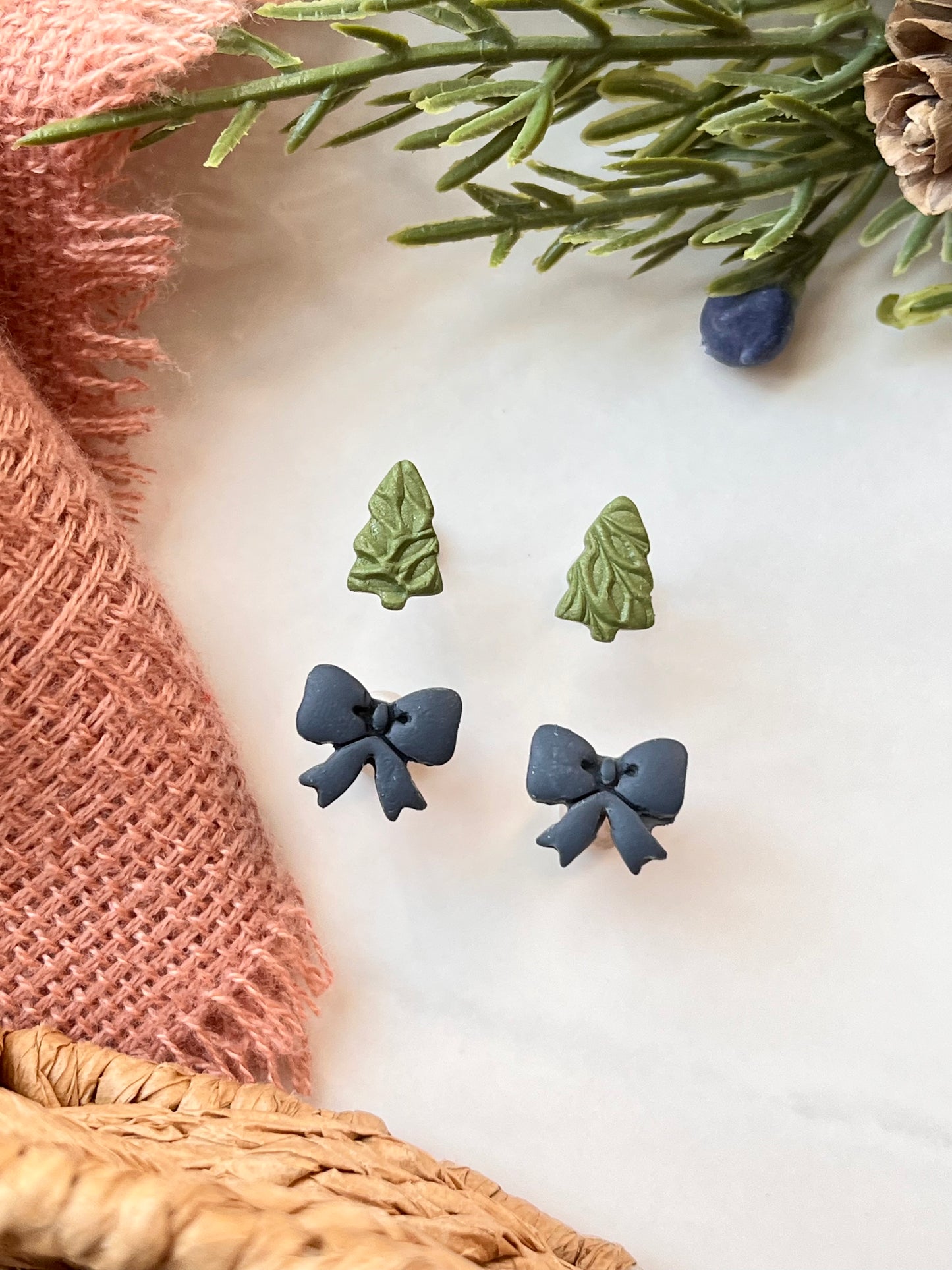 Stud Pack - Mini Green Pearl Tree Stud & Denim Blue Bow