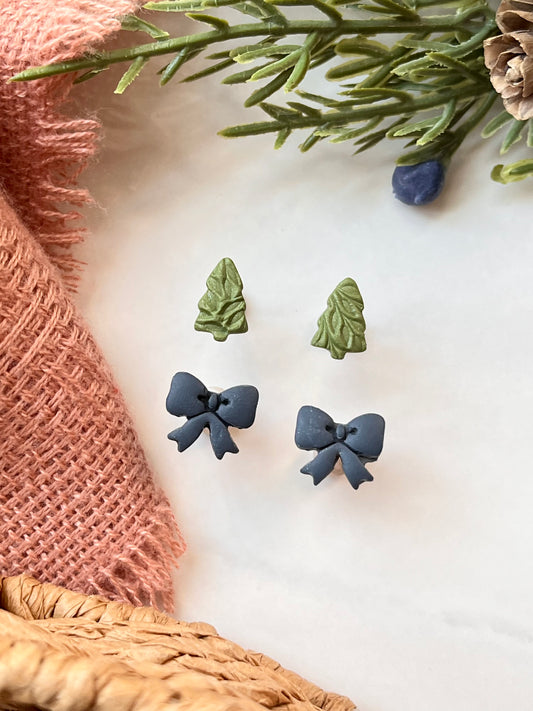 Stud Pack - Mini Green Pearl Tree Stud & Denim Blue Bow