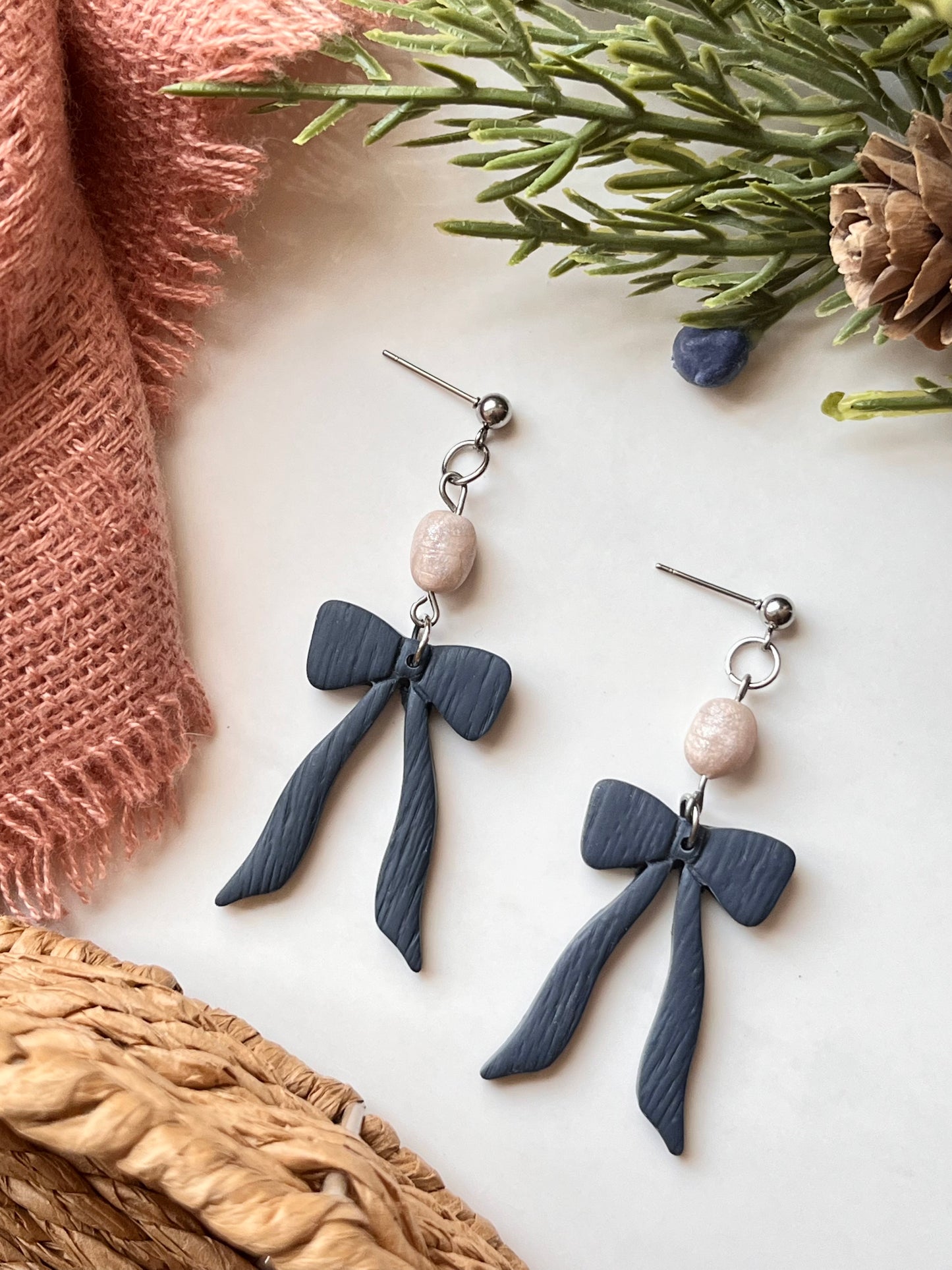 Denim Blue Bow Dangle w/ Clay Pearl (Silver)