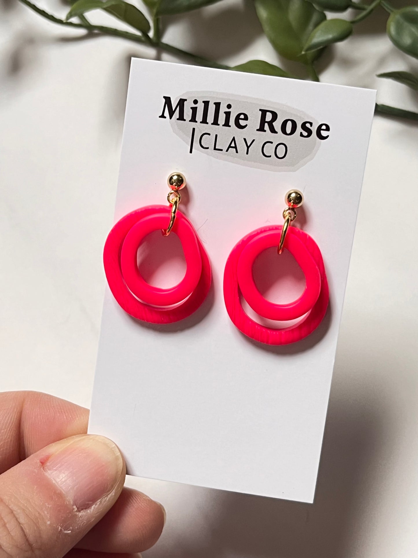 Organic Clay Rings w/ Gold Ball Stud (Florescent Pink)