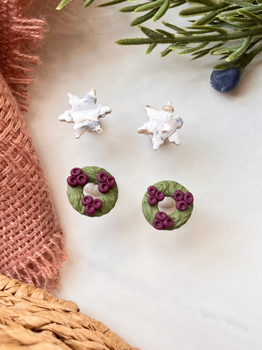 Stud Pack - Mini Green Pearl Wreath & Pearl Marble Snowflake