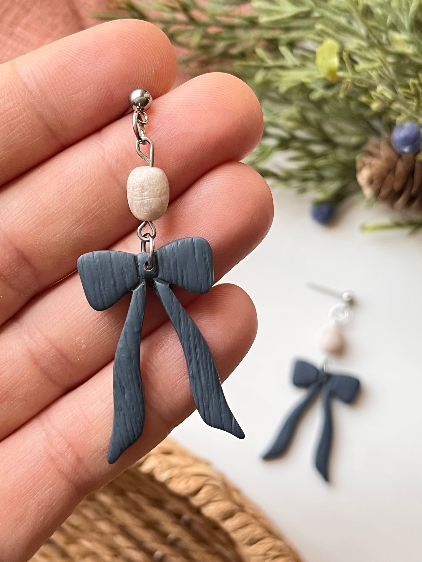 Denim Blue Bow Dangle w/ Clay Pearl (Silver)