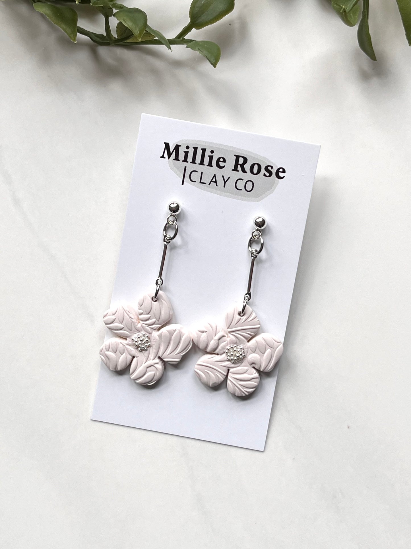 Organic Flower Drop Dangle w/ Silver Ball Stud (Cream)