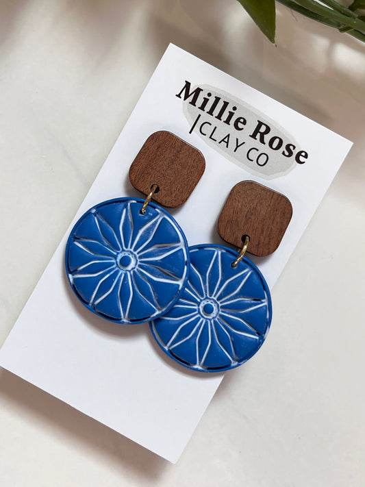 Cobalt Embossed Flower w/ Square Wood Stud