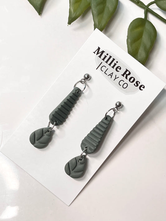 Dark Green Striped Leaf Dangle w/ Silver Ball Stud