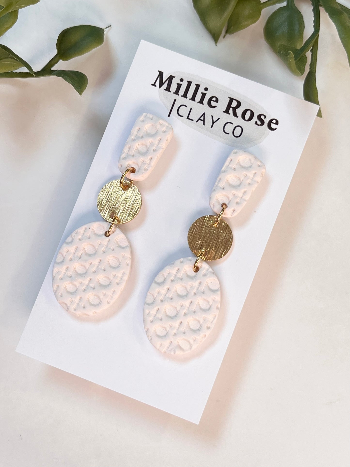 Cream Rattan Oval Dangle w/ Clay Stud and Circle Brass Charm