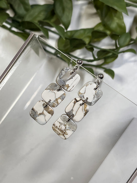 Pearl Marble Triple Square Dangle (Silver)