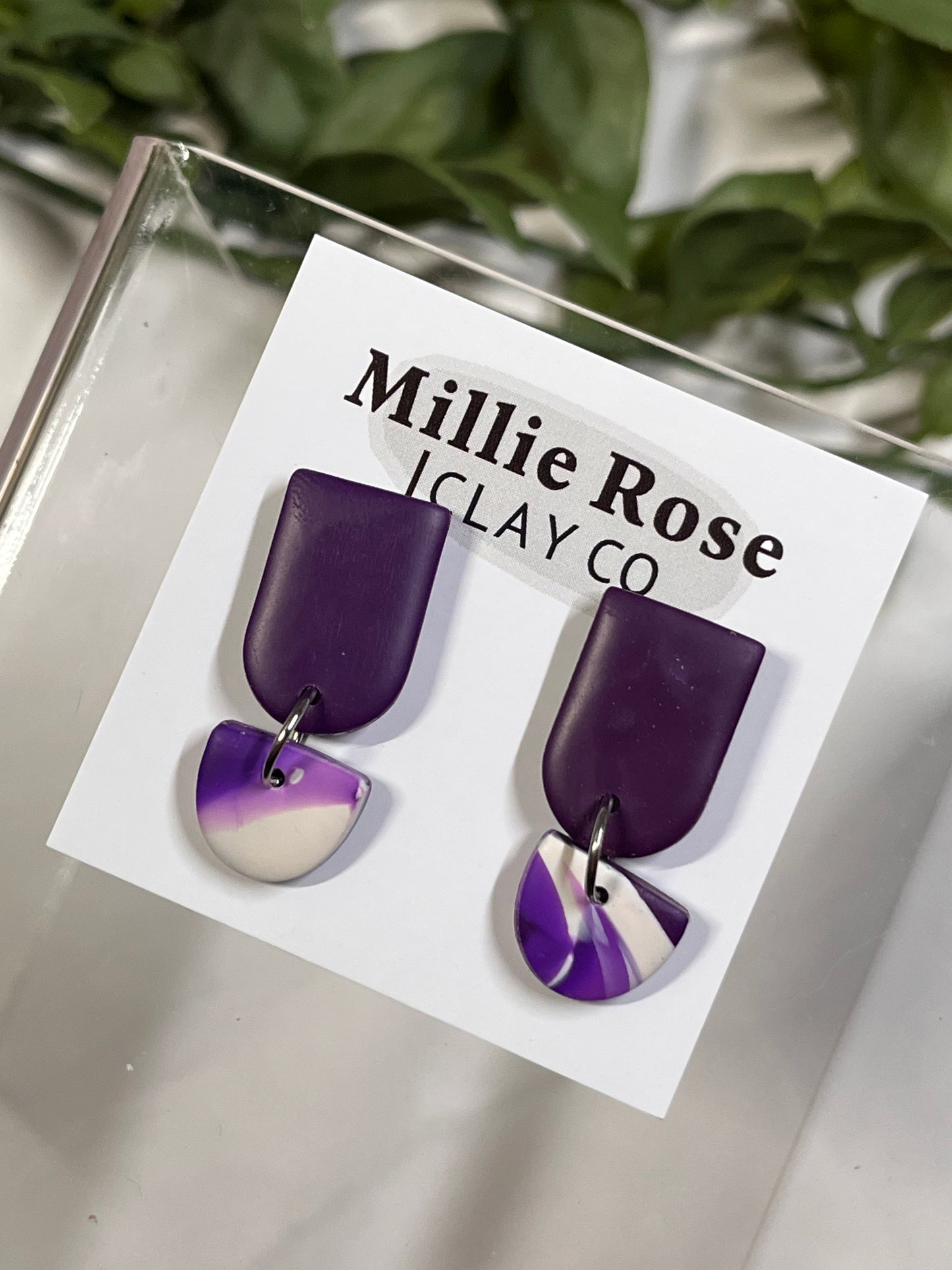 Purple Marble (Silver) Semi-circle Mini Dangle w Clay Stud