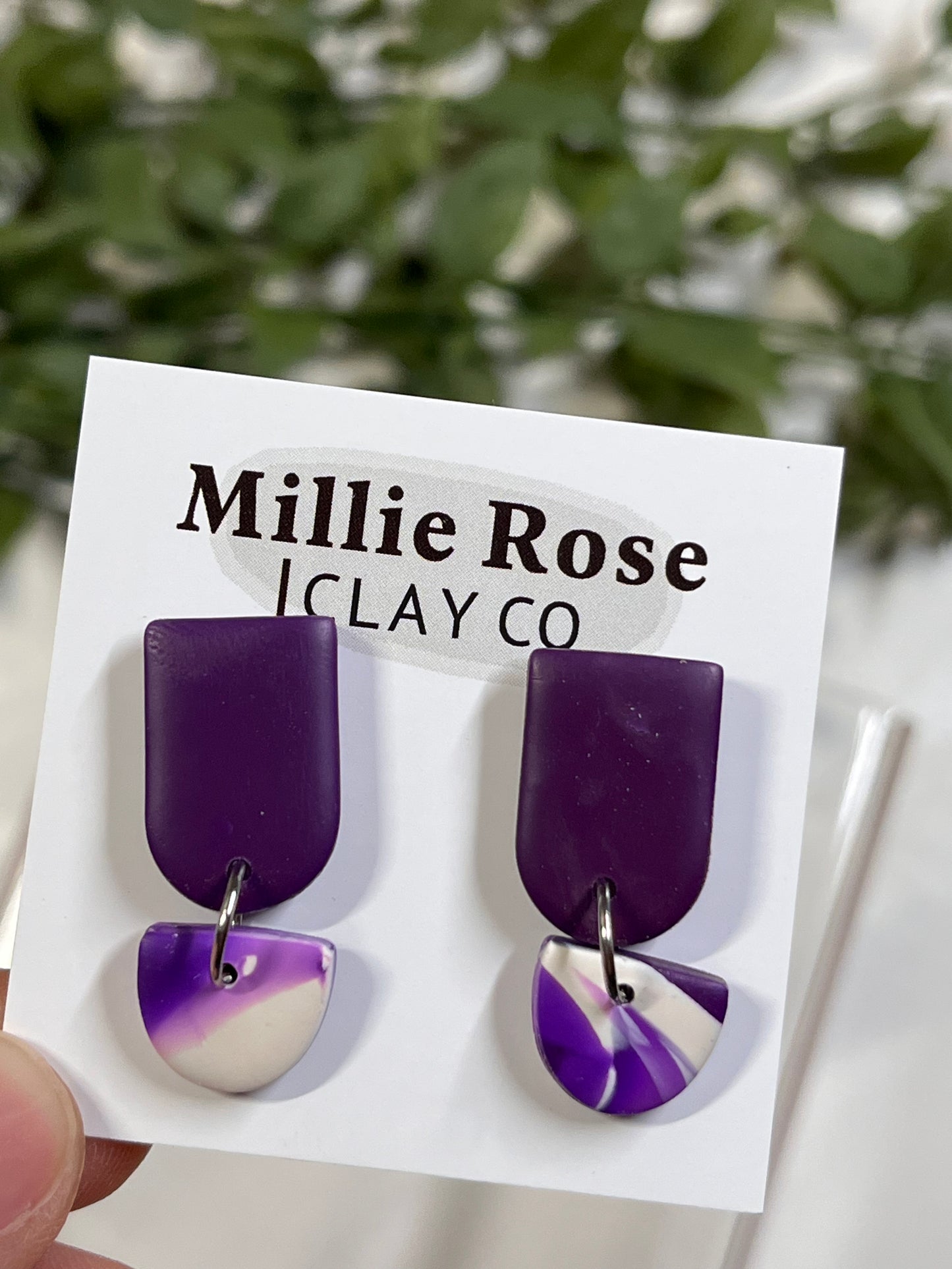 Purple Marble (Silver) Semi-circle Mini Dangle w Clay Stud