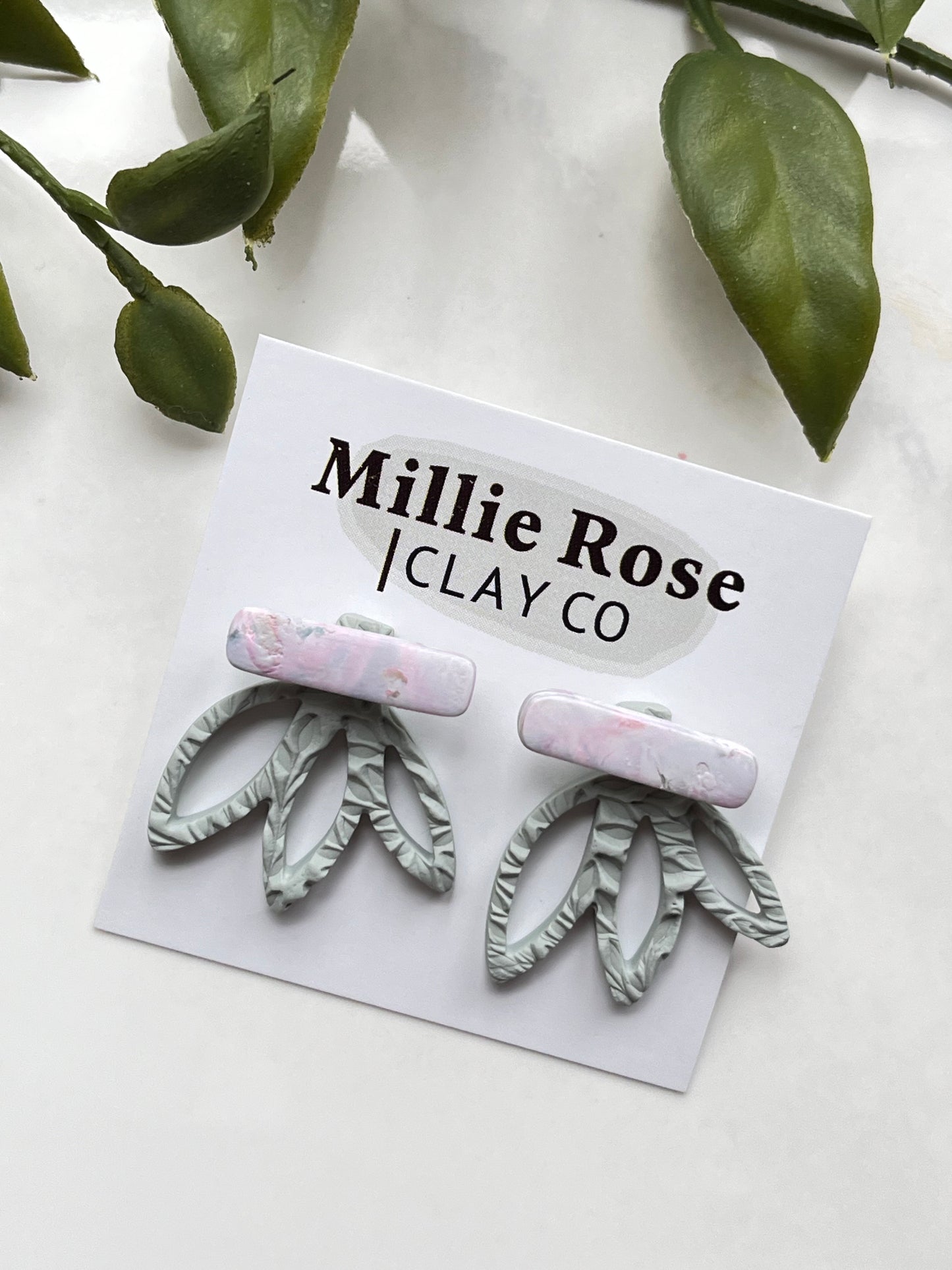 Marbled and Light Sage Green Leaf Earring Jacket Stud