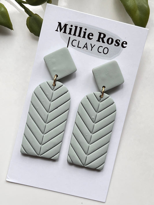 Light Sage Green Chevron Dangle w/ Clay Stud (Gold)