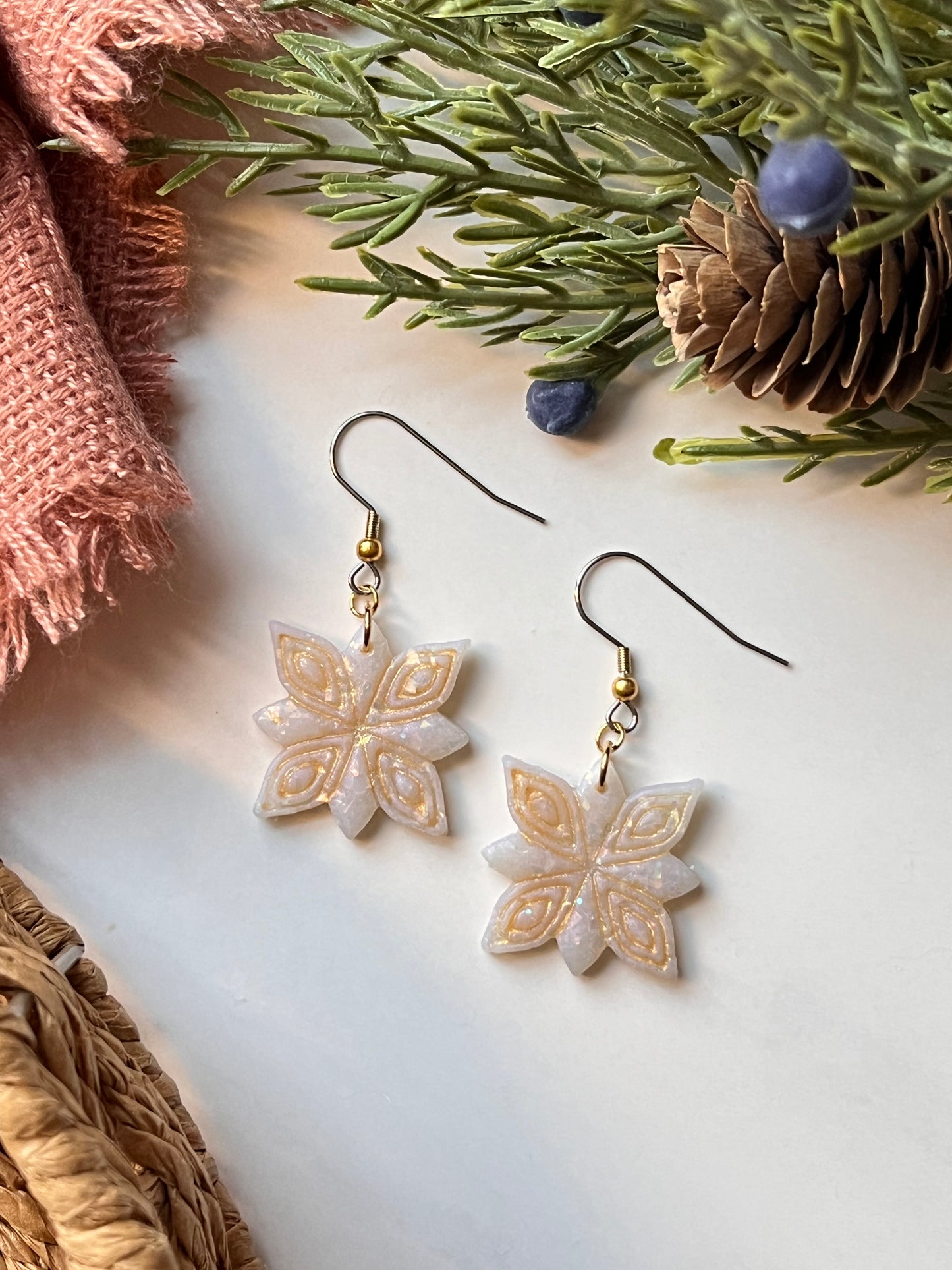 Opal Embossed Snowflake Dangle w/ Mixed Metal Hook