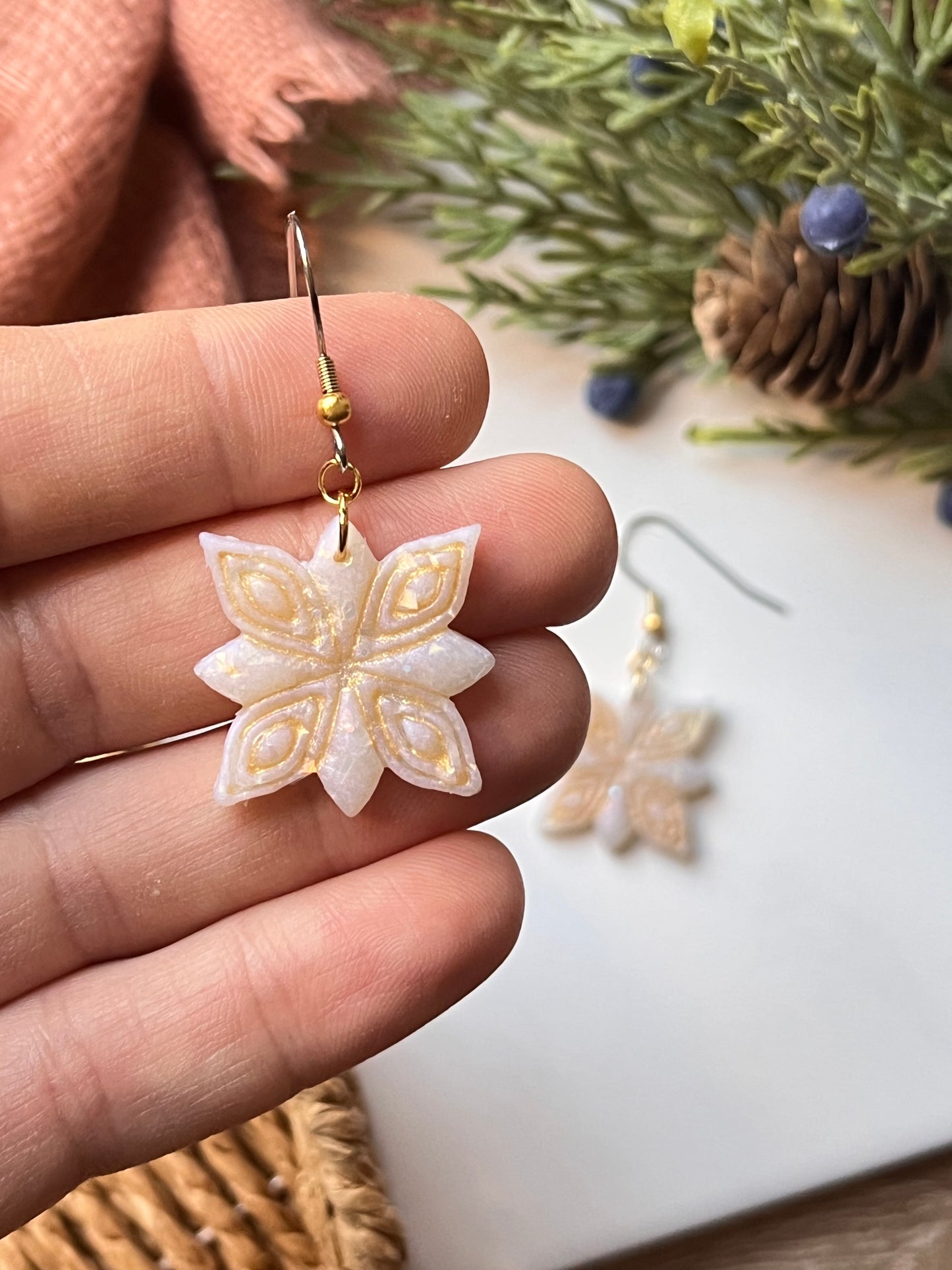 Opal Embossed Snowflake Dangle w/ Mixed Metal Hook