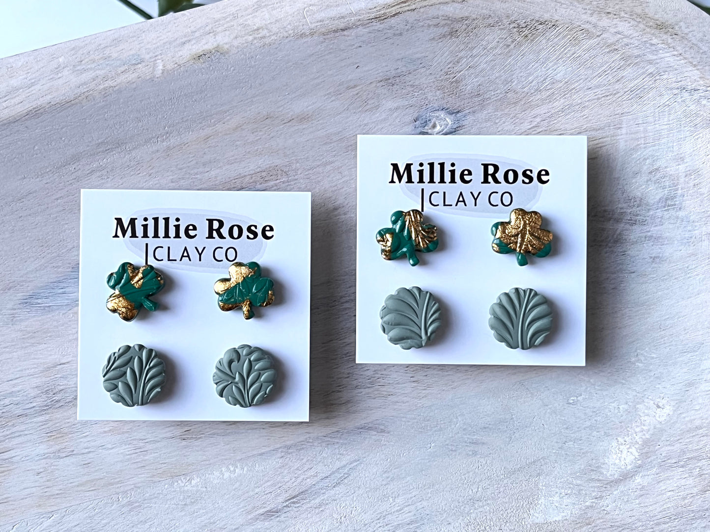 Stud Pack - Textured 4-Leaf Clover w/ Gold Leaf & Textured Sage Green Circle